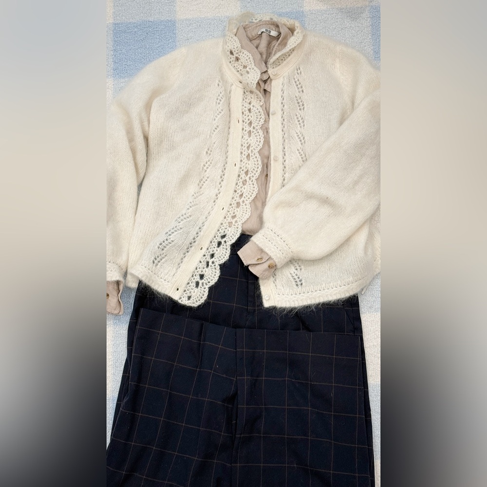 French Chic Bundle | Sézane Knit Cardigan + Neutral Blouse + Plaid Pants